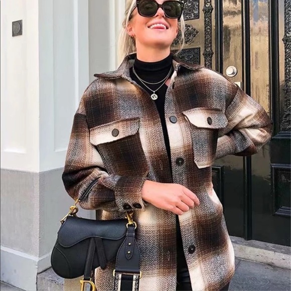 Boyfriend Fit Plaid Jacket Coat Brown Trucker - Picture 4 of 16